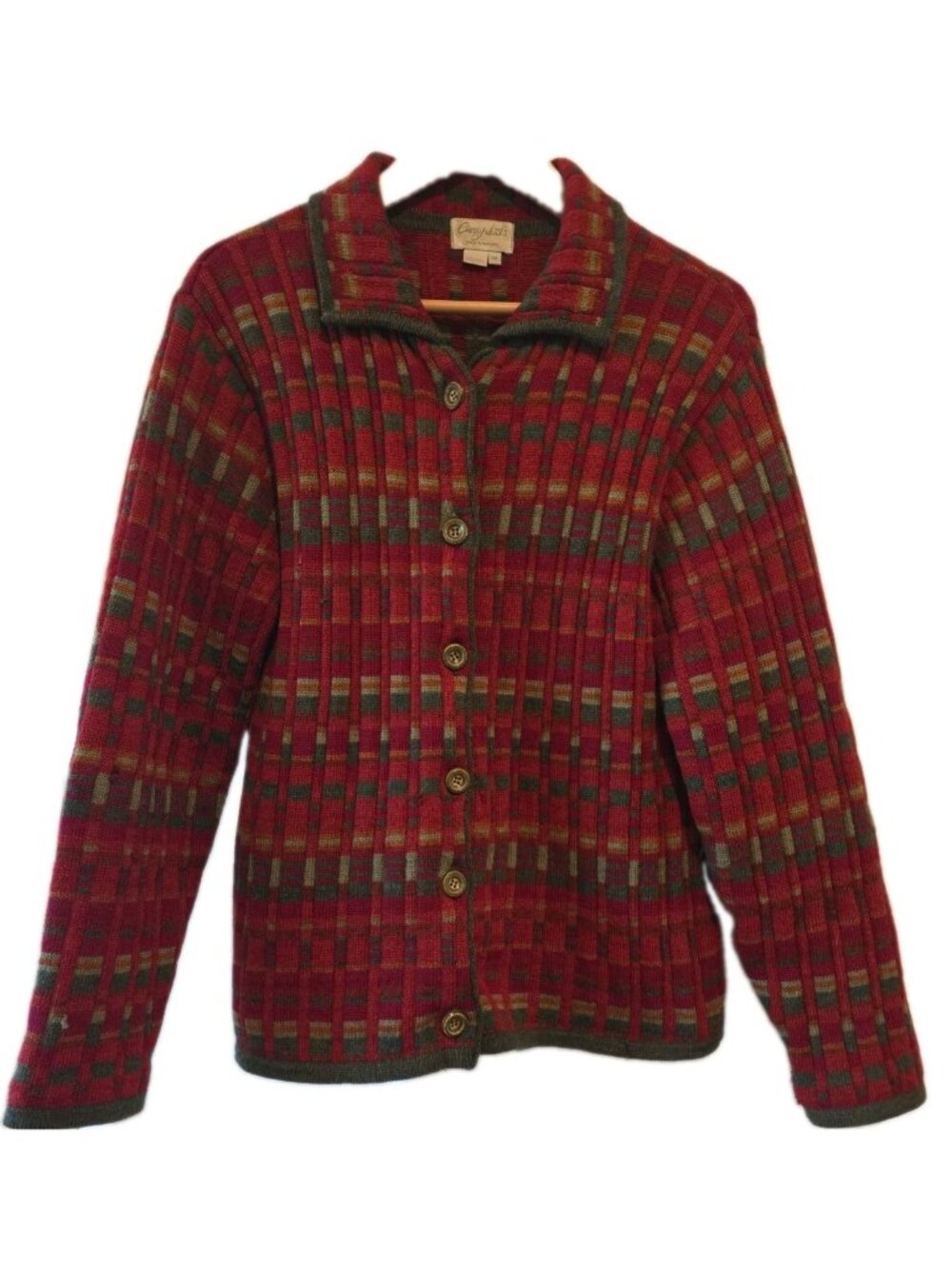 Cherry Lewis Wool Patchwork Cardigan Sweater Red England Women M Classic Vintage